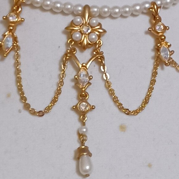 Handmade Vintage Faux Pearl Choker Necklace Gold Dangle Rhinestone Adjustable - Picture 6 of 10